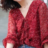 Áo sơ mi hoa cổ tim bèo tay lỡ xinh xắn