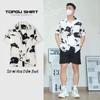 Áo sơ mi hoa dâm bụt thời trang nam, áo sơ mi Cuba thoáng khí bằng lụa băng