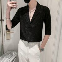 Áo sơ mi hoa màu đen cổ vest áo sơ mi nam 2024 tay bảy phần tư ôm dáng thoải mái Công Sở Thời Thượng mùa hè cho nam
