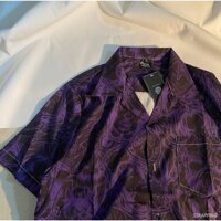Áo sơ mi hoa tay ngắn màu tím điên cuồng, phong cách tối, phong cách retro Nhật Bản, phong cách Hồng Kông, unisex, mát mẻ, Hawaii Thái Lan