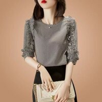 Áo Sơ Mi Họa Tiết Houndstooth thời trang mùa hè cho nữ áo sơ mi nhỏ kiểu Tây dễ phối đơn giản mẫu mỏng viền hoa sen cổ Tròn Mẫu Mới