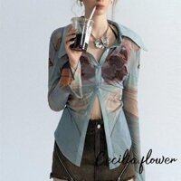 Áo Sơ Mi In Hình Trừu Tượng Nữ Tay Dài Cổ Áo Nút Xuống Slim Fit Áo Sơ Mi