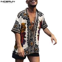 Áo sơ mi INCERUN tay ngắn in họa tiết thổ cẩm phong cách vintage thời trang đi biển dành cho nam