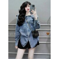Áo sơ mi jean kiểu cổ bèo đính hoa ngọc ngực đắp túi nắp tay dài TOMBI SHOP