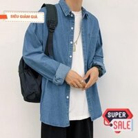 Áo sơ mi jean nam form rộng dài tay màu xanh đậm phong cách Hàn Quốc 2021 PON.MENS