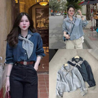 Áo Sơ Mi Jean Phối Cổ Tay Kẻ Kèm Khăn Cổ Size S M - Halinh Shop - Áo Sơ Mi Bò Nữ Kèm Khăn Hàng Mới Về