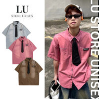 Áo Sơ Mi Jeans Nam/Nữ, Somi Tay Ngắn Kèm Cavat Phong Cách Hàn Quốc, Form Rộng Unisex Dễ Phối Đồ