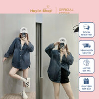 Áo Sơ Mi Jeans Nữ Tay Dài Túi Thêu XX,Chất jean bò mềm,from rộng dáng dài,freesize dưới 65kg,HUYỀN SHOP