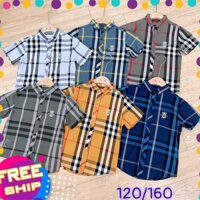 Áo sơ mi kẻ bé trai 9-16 tuổi cộc tay thêu logo CK và kẻ Burbery, Sơ mi cho bé vải thô thoáng mát thời trang