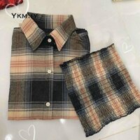 Áo sơ mi kẻ caro 6 màu kèm áo ống nhúng cùng màu dài tay phom rộng unisex Áo khoác chống nắng oversize nam nữ kẻ caro - 5 - &lt65kg