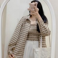 Áo sơ mi kẻ caro 6 màu kèm áo ống nhúng cùng màu dài tay phom rộng unisex Áo khoác chống nắng oversize nam nữ kẻ caro - 6 - &lt65kg