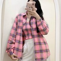 Áo sơ mi kẻ caro 6 màu kèm áo ống nhúng cùng màu dài tay phom rộng unisex Áo khoác chống nắng oversize nam nữ kẻ caro - 3 - &lt65kg