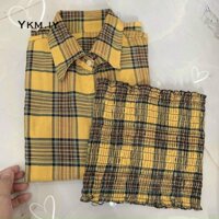 Áo sơ mi kẻ caro 6 màu kèm áo ống nhúng cùng màu dài tay phom rộng unisex Áo khoác chống nắng oversize nam nữ kẻ caro - 4 - &lt65kg