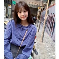 Áo sơ mi kẻ caro áo sơ mi thời trang nữ rộng rãi Áo Cổ Búp Bê Cổ Điển Mới màu xanh