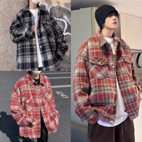 Áo sơ mi kẻ caro chất dạ dày dặn form rộng thể thao nam nữ unisex, Sơ mi nam dài tay phong cách ulzzang kẻ đen đỏ