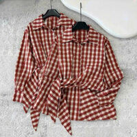 Áo sơ mi kẻ cotton buộc vạt thắt nơ eo siêu xinh
