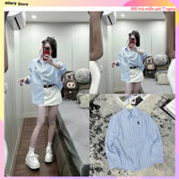 Áo sơ mi kẻ dài tay form dáng rộng, hình thêu nhân mã nổi bật, kẻ xanh trắng trẻ trung hot hit