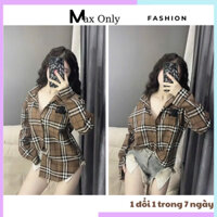 Áo sơ mi kẻ dài tay form dáng rộng, logo trước ngực điểm nhấn nổi bật phong cách thời trang hottrend