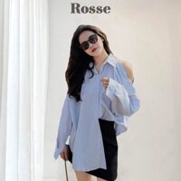 Áo sơ mi kẻ dáng rộng khoét vai túi ngực cá tính - Rosse.store