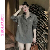 Áo Sơ Mi Kẻ Đính Đá Dáng Dài Áo Kiểu Nữ Thiết Kế Vạt Bầu Đính Đá LOSY.STORE