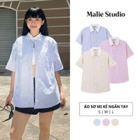 Áo Sơ Mi Kẻ Malie Studio Cộc Tay Cổ Trắng Vải Oxford Form Rộng Thoáng Mát Dễ Phối Đồ