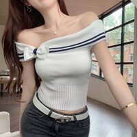 Áo sơ mi kẻ sọc áo trễ vai thon gọn có nơ phong cách Hàn Quốc gợi cảm cho nữ