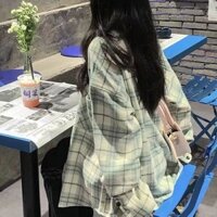 Áo sơ mi kẻ sọc cổ áo Daxingzhepolo dài tay nữ Áo khoác Cardigan dáng rộng