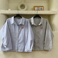 Áo sơ mi kẻ sọc dài tay thêu nơ bigsize dáng vừa (A546) (62kg - 98kg) [Hằng Fami bigsize]