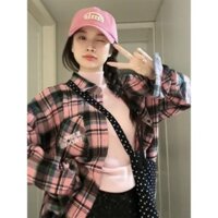 Áo sơ mi kẻ sọc hồng đen nam nữ, áo sơ mi khoác ngoài đa năng