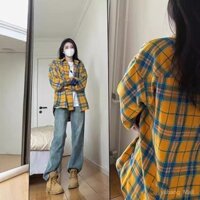 Áo sơ mi kẻ sọc màu vàng Áo sơ mi rộng rãi mẫu mỏng mẫu mới mùa hè cho nữ áo chống nắng phong cách Hồng Kông