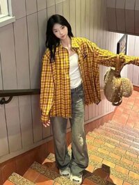 Áo sơ mi kẻ sọc màu vàng Áo sơ mi rộng Dopamine Áo khoác mới Retro Mỹ hàng đầu