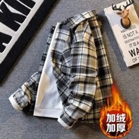 Áo Sơ Mi Kẻ Sọc Nam, Áo Khoác Cổ Polo Nhật Bản, Áo Len Lót Lông Cừu Mùa Đông Cho Bé Trai,áo bóng chày