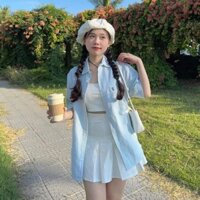 Áo Sơ Mi Kẻ Sọc Pastel Unisex Thêu Chữ S Dáng Rộng Thời Trang Phong Cách Hàn Quốc