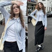 Áo sơ mi kẻ sọc xanh pastel dáng vừa nửa ngang nửa dọc - Tiktik