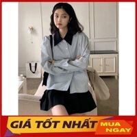 Áo Sơ Mi Kẻ Sọc Xanh Phối Cổ Khuy Chéo Hàng Quảng Châu HK210 - Yamy888