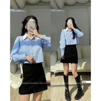 Áo sơ mi kẻ sọc xanh trắng dáng croptop vibe Hàn Quốc