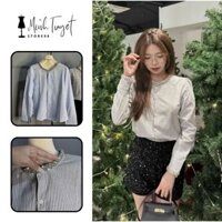 Áo Sơ Mi Kẻ Thiết Kế Cổ, Tay Đính Đá, Áo Sơ Mi Cổ Tròn Thanh Lịch, Áo Công Sở Chất Kate Hàn