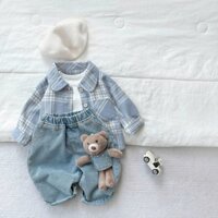 ÁO SƠ MI KẺ XANH DƯƠNG PASTEL TÔNG TRẮNG VÀ QUẦN JEAN (HÀNG QCCC)