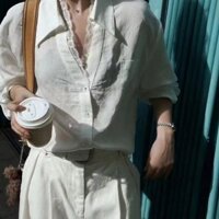 Áo sơ mi Khâu Viền Ren Phong Cách lười mùa thu châu Âu Áo sơ mi dài tay cổ bẻ rộng rãi mẫu mới cho nữ áo sơ mi dệt gió vui vẻ 2J31