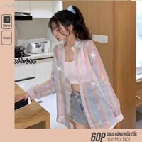 Áo Sơ Mi Khoác Ngoài Cardigan Mỏng Dài Tay Họa Tiết Màu Cầu ồng Lấp Lánh A☺❤