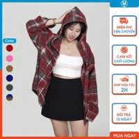 Áo sơ mi khoác ngoài Flannel nỉ dạ caro form rộng cho nam nữ có nón và dài tay