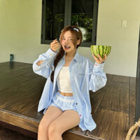 Áo sơ mi Khoác Ngoài tay dài - Áo sơ mi Calem club phối dây cột nơ thêu Calem