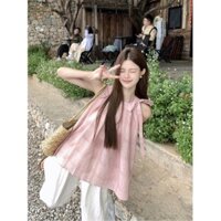 Áo Sơ Mi Không Tay Màu Hồng Thắt Nơ Hở Vai Xinh Đẹp Kiểu Pháp Dịu Dàng Mùa Hè Cho Nữ Mùa Hè