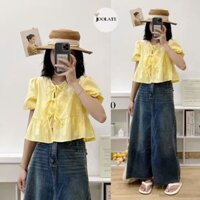Áo sơ mi kiểu babydoll Joolate dáng ngắn croptop tay phồng thắt nơ 2470 P0K35