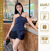 Áo sơ mi kiểu cách điệu phối sọc Emili áo cúp ngực mix cà vạt phong cách kiểu nữ [A71]