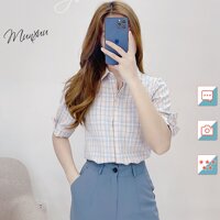 Áo sơ mi kiểu Munxuu thiết kế kẻ caro thời trang, cổ V tay ngắn phối nơ điệu đà - BS07