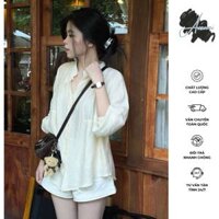 Áo sơ mi kiểu nữ, Áo sơ mi bèo cổ tàu babydoll dây kéo thắt eo sau dễ thương