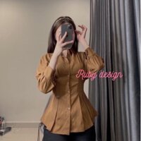 Áo sơ mi kiểu nữ , áo sơ mi nữ tay lỡ xếp ly chun lưng màu trắng nâu vải thô mềm cao cấp phong cách hàn quốc RubyShop