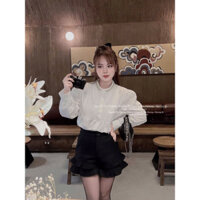 Áo sơ mi kiểu nữ babydoll tay dài cổ đính đá xếp ly thân HH095282