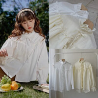 Áo sơ mi kiểu nữ tay dài cổ bèo form rộng chất đũi gân, Áo babydoll phong cách tiểu thư Hàn Quốc